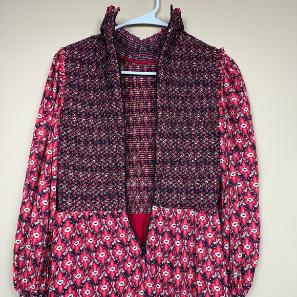 Alice + Olivia Elvira Tiered Long Sleeve Smocked Mini Dress in Red/Black Size 4 - Picture 13 of 16